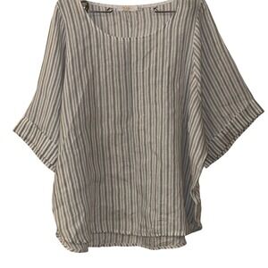 Me & Gee Grey White Striped Linen Blend Oversized Blouse Made in Italy Top L